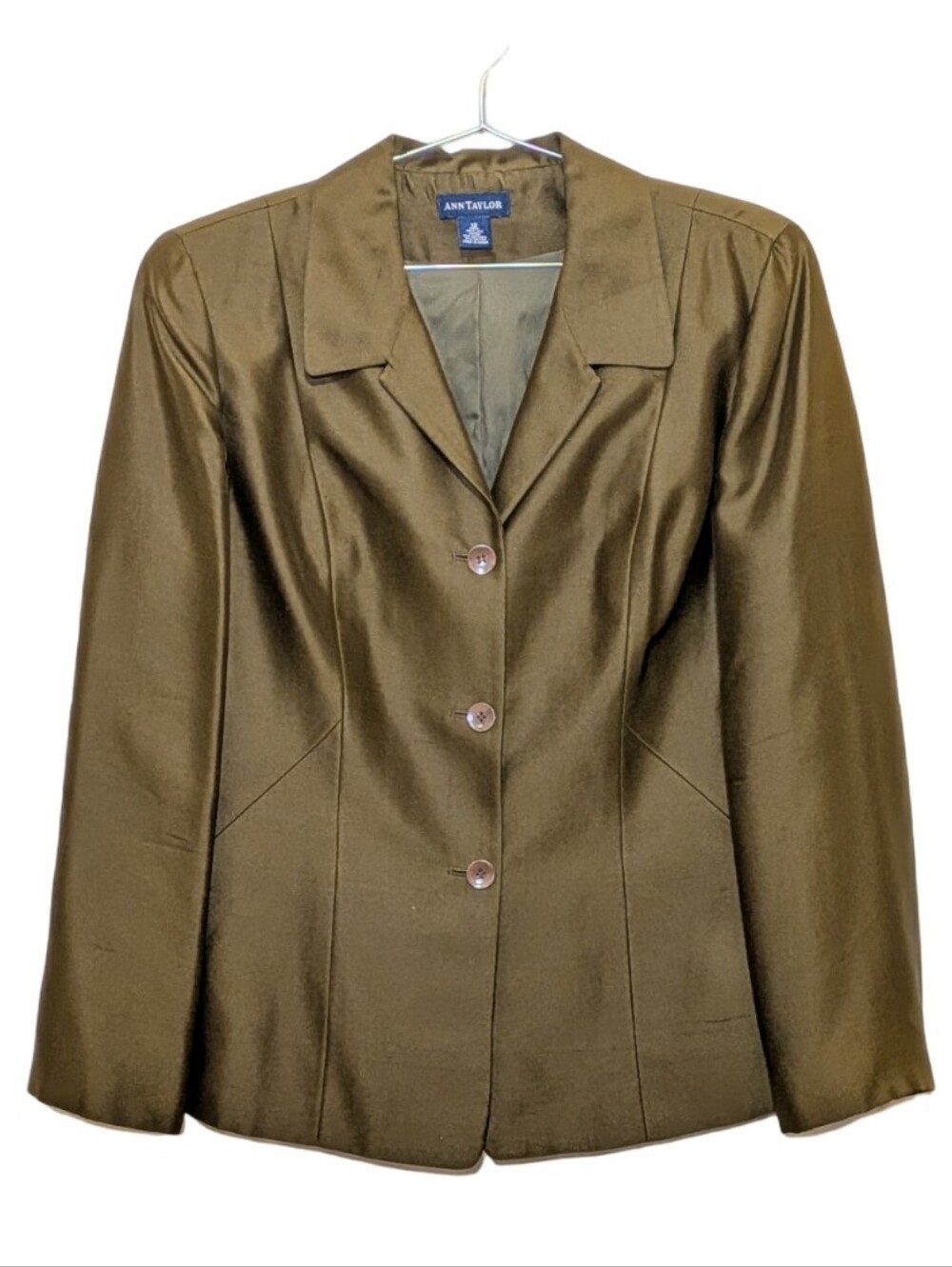 Ann Taylor | Olive Green Women's Tailored Button-Front Blazer | Jacket | Silk
